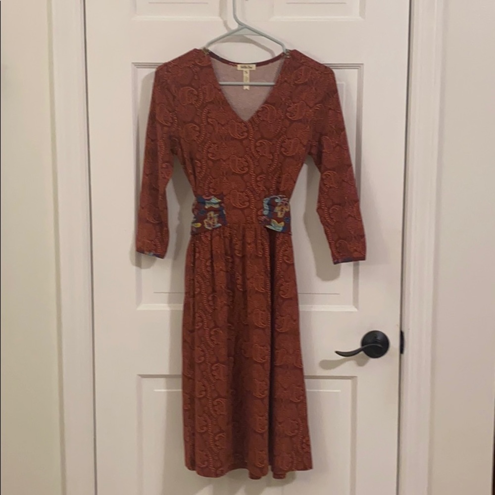 Red and Pink Printed Long Sleeve Dress w Tie Waist